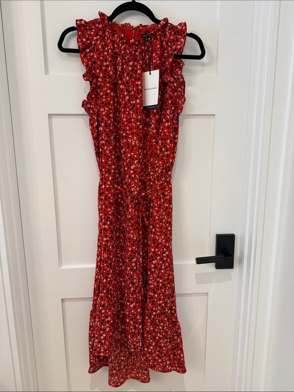 Who What Wear Red Floral Ruffle-Trim Dress